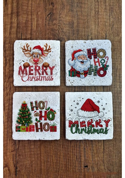 Doğal Taş Bardak Altlığı - Mery Christmast Baskılı 10x10cm Yeni Yıl Stone Coasters 490 Çok Renkli