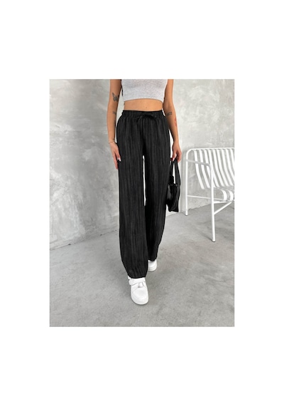 Gugus Trend Kadın Beli Lastikli Bol Paça Wide Lige Eskitme Keten Pantolon Siyah