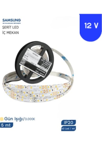 12 Volt 2835 Samsung 60 Led 3000 K Günışığı İç Mekan 5 Metre Şerit Led