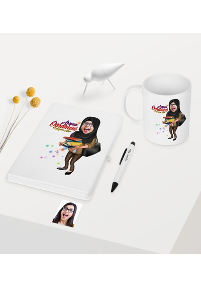 Kişiye Özel Tesettürlü Bayan Öğretmen Temalı Karikatürlü Beyaz De N11.3745