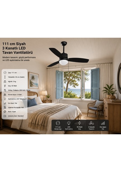 111 Cm Siyah 3 Kanatlı Led Tavan Vantilatörü 55 Watt Hız Ayarlı Modern Tasarım