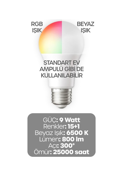 Kumandalı Rgb Renkli Led Ampul 9w E27 Parlaklık Renk Değiştiren Dimmerli Led Aydınlatma Lamba 1 Ad