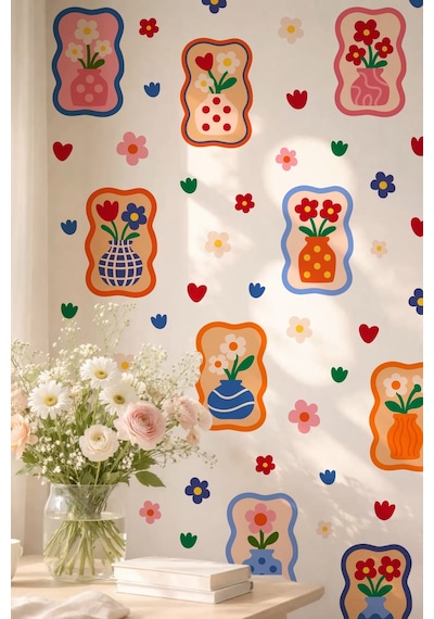 Renkli Çiçekli Vazo Duvar Sticker Seti 68 Parça, 9 Model, Çocuk Odası & Salon Dekorasyonu Dijital Baskı