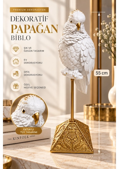 Beyaz Gold Papağan Biblo 55 Cm Dekoratif Salon Ve Ofis Aksesuarı