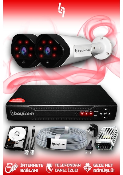 Bayicam 2 Kameralı Uzay 2 Dış Kamera Set 100 GB HDD Full HD Gece Görüşlü Güvenlik Kamerası Sistemi