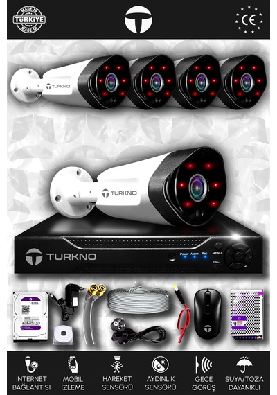 Turkno 5 Kameralı Galia 5 Dış Kamera Set 2 TB HDD Full HD Gece Görüşlü Güvenlik Kamerası Sistemi