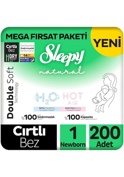 Sleepy Natural Double Soft Mega Fırsat Paketi Bebek Bezi 1 Numara Newborn 200 Adet