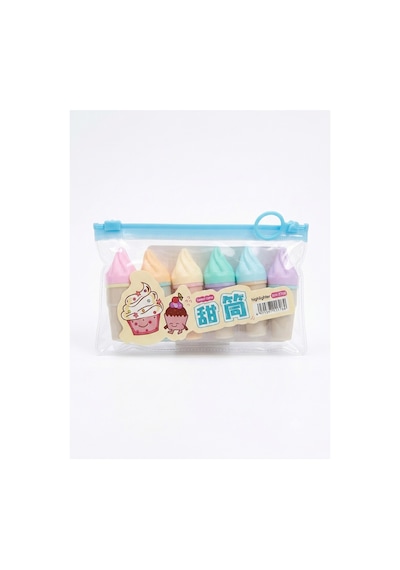 Dondurma Tasarımlı 6'lı Mini Pastel Fosforlu Kalem Seti - Şeffaf Çantalı Sevimli Kawaii İşaretleme Kalemi Pembe
