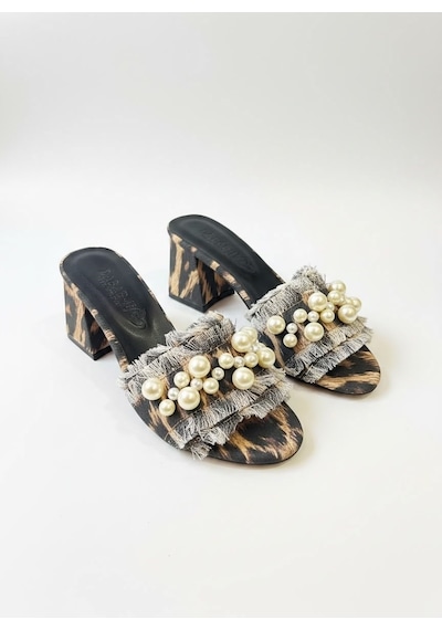 Dabab Shoes Nubıa Kadın İnci Detaylı Hasır Topuklu Leopar Terlik Sandalet