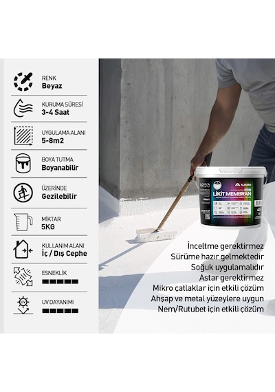 Alkoru 5 Kg Beyaz Likit Membran Renkli Reçine Esaslı