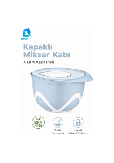 4 Litre Kapaklı Mikser Kabı Bpa İçermez Sıçratma Önleyici Hamur Yoğurma Kabı Mavi