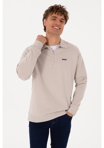 U.S. Polo Assn. Erkek Regular Fit Yarım Fermuarlı Şardonlu Taş Basic Sweatshirt 50313783-VR049