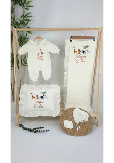 Gros Shop Müslin Yeni Doğan 4katlı Organik %100pamuk Kişiye Özgü Nakışlı Hastane Çıkış Seti Safari Model-3 Ekru