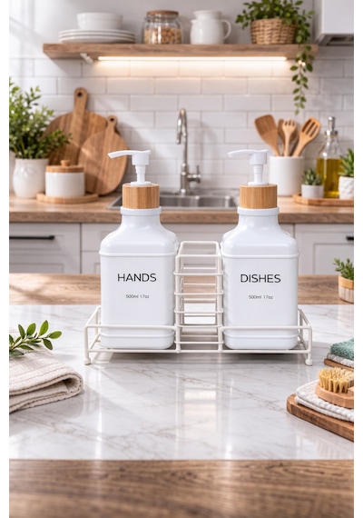 Makri Home Stantlı Bambu Kapaklı İkili Cam Sıvı Sabunluk & Deterjanlık Seti 2 500 Ml, 22,5 8,5 24 Cm Beyaz