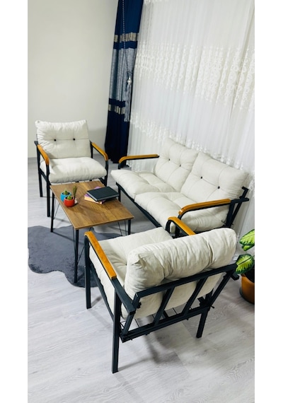 Madame Home Kaktüs Balkon, Bahçe,teras,cafe - Salon - Metal Kanepe Koltuk Takımı - 2 1 1 Sehpa Krem