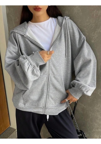 Harmandar Baskısız Kadın Gri Cepli Kapüşonlu Fermuarlı Sweatshirt Hırka Grihirka
