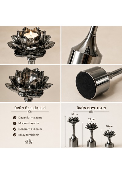 Lotus Çiçeği Metal Şamdan Mumluk 3'lü Dekoratif Set Gümüş