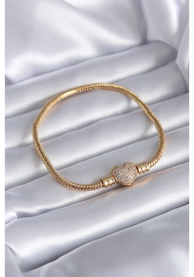 Gold Renk Zirkon Taşlı Kalp Model Pirinç Charm Kadın Bileklik Çok Renkli