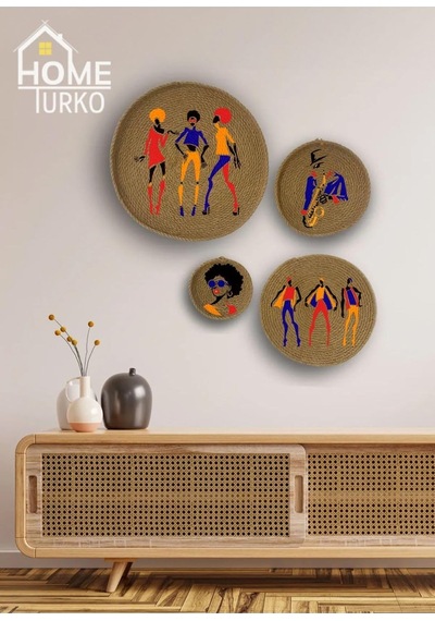 4'lü Takım Duvar Süsü, Duvar Tabağı, Jüt Dekor, Afrika, Bohem, Desen7 Diğer