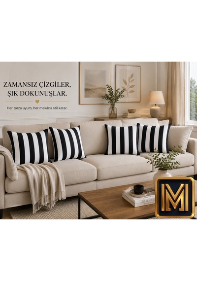 Kırlent 6 4'lü Siyah Beyaz Çizgili Kırlent Kılıfı 45x45 Cm Modern Dekoratif Koltuk Yastık Kılıfı Beyaz Siyah Renk