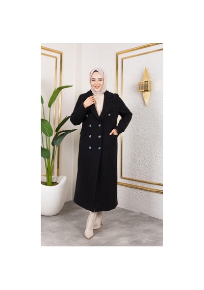 Hb Harma Time Butik Kadın Astarlı Düğmeli Cepli Uzun Siyah Kaşe Kaban Siyah Siyah