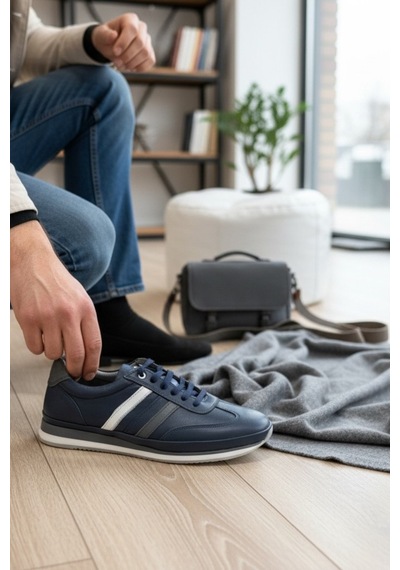 Enoch Hakiki Deri Şerit Detaylı Erkek Sneaker Ayakkabı Ortopedik Taban Lacivert
