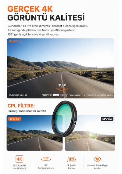 Vantrue Element1 Pro 4k Uhd Wi-fi Cpl Filitre Hediyeli Mini Araç Kamerası