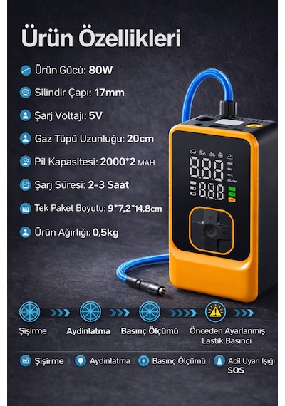 80w Şarjlı Mini Hava Kompresörü Dijital Lastik Şişirme & Basınç Ölçer Led Işıklı