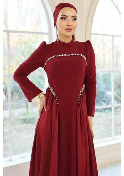 Olcay İnci Detaylı Krep Ve Saten Kombinli Kloş Tesettür Bordo 1686