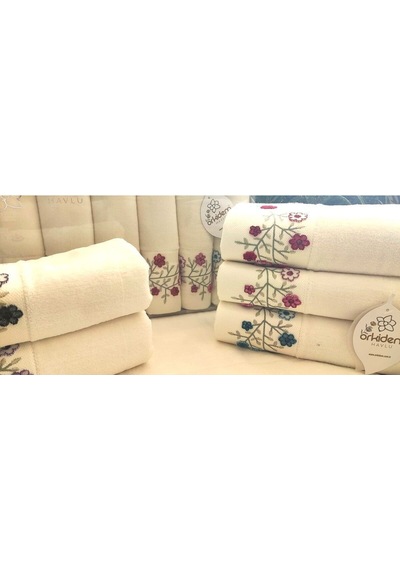 6.lı Set Annem 50x90 Cm. Özel Tafting Nakışlı Kadife Doku Çeyizlik Lüks Havlu Seti Beyaz krem