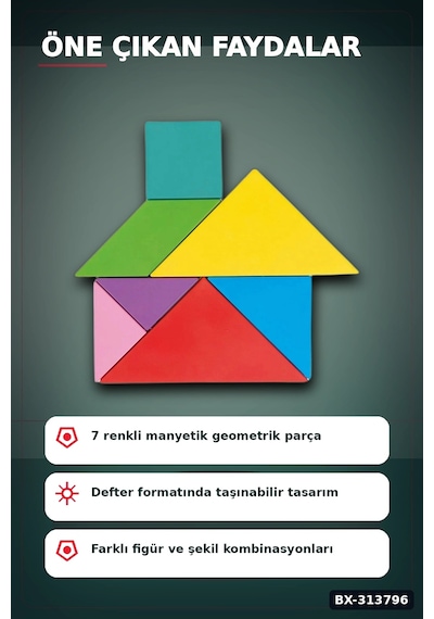 Manyetik Tangram Defteri 7 Ahşap Parça Mıknatıslı - 3+ Yaş Eğitici Zeka Oyunu Bx-313796