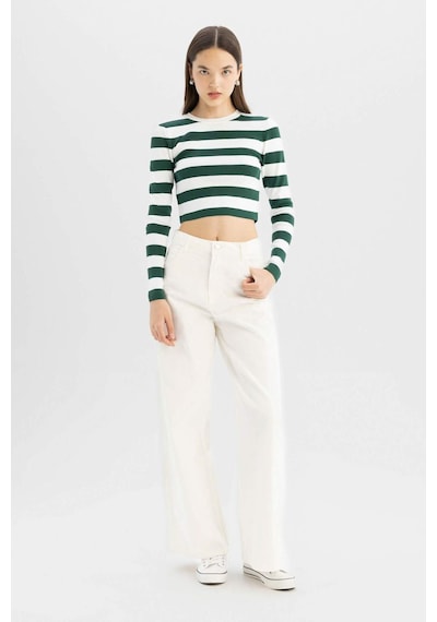Defacto Coool Slim Fit Dar Kesim Çizgili Bisiklet Yaka Triko Kazak X6888AZ24WNGN311 Yeşil