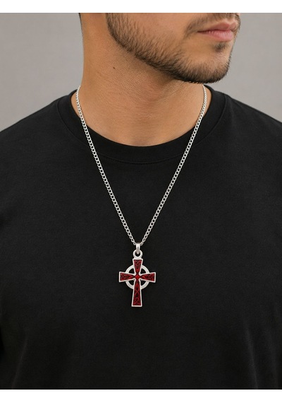 Unisex Gotik Haç Kolye Kırmızı Gri Gümüş Vintage Cross Kolye, Retro Zincir Kolye, Kadın Erkek Punk Kolye