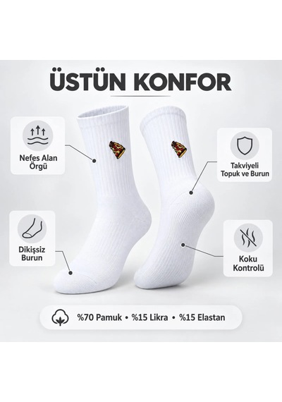 S'82 Unisex Çorap Beyaz Nakışlı 3'lü Set Pizza Hotdog Hamburger Desenli Uzun Soket Günlük Spor Çorap Seti