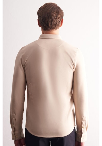 İmza Bej Uzun Kol Düğmeli Yaka Kendinden Desenli Pamuklu Slim Fit Gömlek 1004255267 Bej
