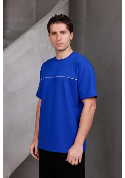 Erkek Garnili Şeritli Oversize Bisiklet Yaka 2 İki İplik Kompakt T-shirt Saks