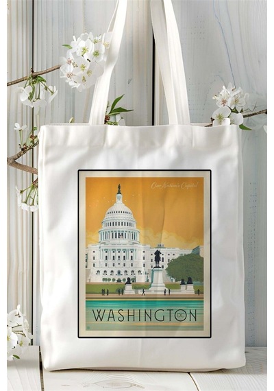 Art Hediye Washington Baskılı Bez Çanta Omuz Çantası Kişiye Özel Desen Çok Renkli