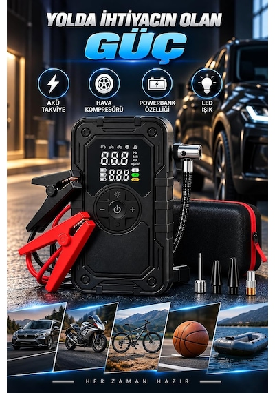 Tr Akü Takviye Cihazı 20000 Mah 2000a Tepe Akımlı, 150 Psı Dijital Hava Kompresörlü Powerbank, Led Işıklı 4'ü