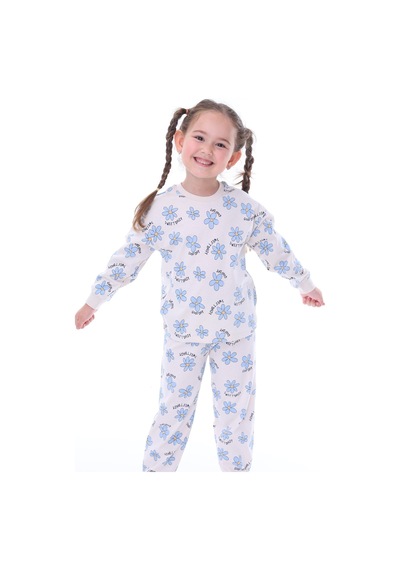 %100 Pamuk Çiçek Desenli Uzun Kollu Kız Çocuk Pijama Takımı 3,4,5,6,7,8 Yaş Mavi