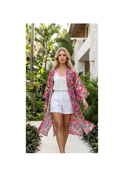 Lila Mare Viskon Kumaşlı Handmade Beachwear & Homewear Kimono Renkli Renkli