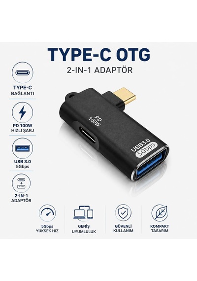 Type-c Otg 2-in-1 Adaptör Pd 100w Hızlı Şarj Usb 3.0 5gbps Type-c Ve Usb-a Bağlantı Mobil Tablet Notebook İçin Zr1050 Siyah