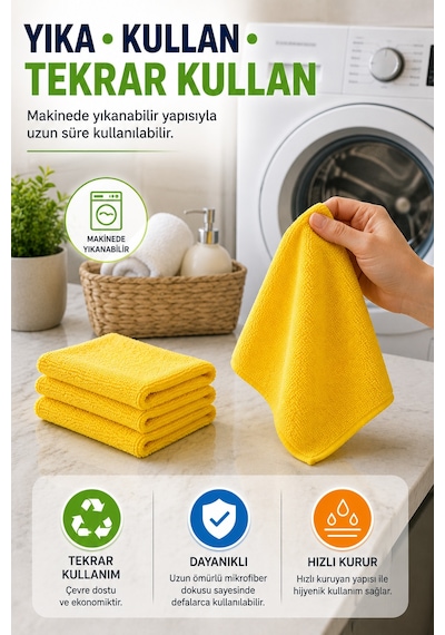 Sarı 3'lü Mikrofiber Temizlik Bezi 35x35 Cm Çok Amaçlı Mutfak Cam Banyo Silme Ve Kurulama Bezi
