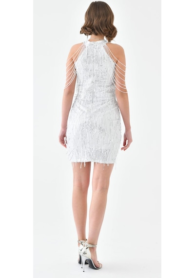 Hanife Glam Couture Hanife Glam Halter Yaka Taş Tasarımlı Saçaklı Pul Payet Mini Elbise Gümüş
