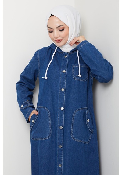 Hb Harma Time Butik Kadın Cepli Düğmeli Kapüşonlu Denim Koyu Mavi Trençkot
