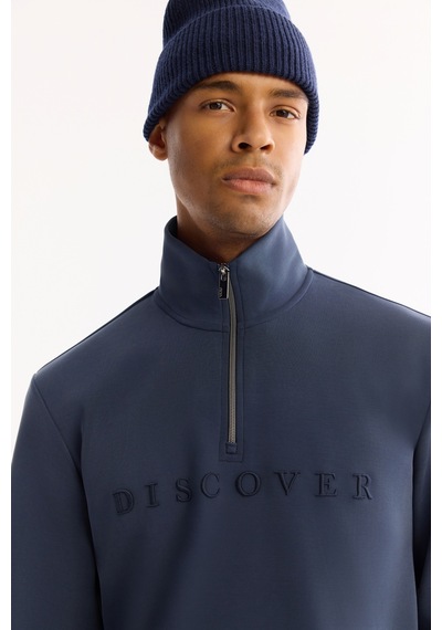 Avva Erkek Açık Lacivert Dik Yaka Fermuarlı Soft Touch Baskılı Regular Fit Sweatshirt A52y1281