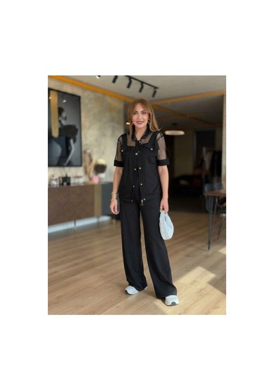 Butik İstanbul Kadın Kısa Kollu Yakalı Onu Düğmeli File Detaylı Modal Ceket Ve Pantolon Ikili Tanım Siyah Butik İstanbul Kadın Kısa Kollu Yakalı Onu Düğmeli File Detaylı Modal Ceket Ve Pantolon Ikili Tanım Siyah