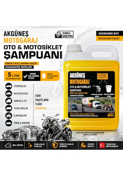 Akgüneş Motogaraj 5 Litre Oto Ve Motosiklet Şampuanı Direkt Kullanıma Hazır Makine Ve Kova Kullanımına Uygun Yerli Üretim Tüm Taşıtlara Uyumlu Ekonomik Boy