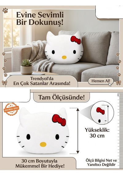 30 Cm Hello Kitty Peluş Yastık Sevimli Kedi Tasarımlı Yumuşak Peluş Oyuncak Beyaz