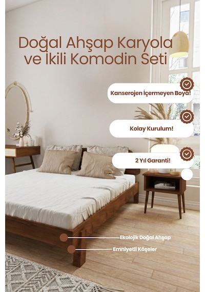 Damla 2 Başlıklı Masif Ahşap Karyola Ve 2 Adet Ceviz 90x190