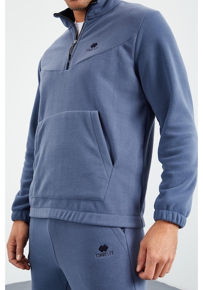 Tommy Life Petrol Yarım Fermuar Dik Yaka Lastik Paça Polar Erkek Eşofman Takımı - 85159 Petrol